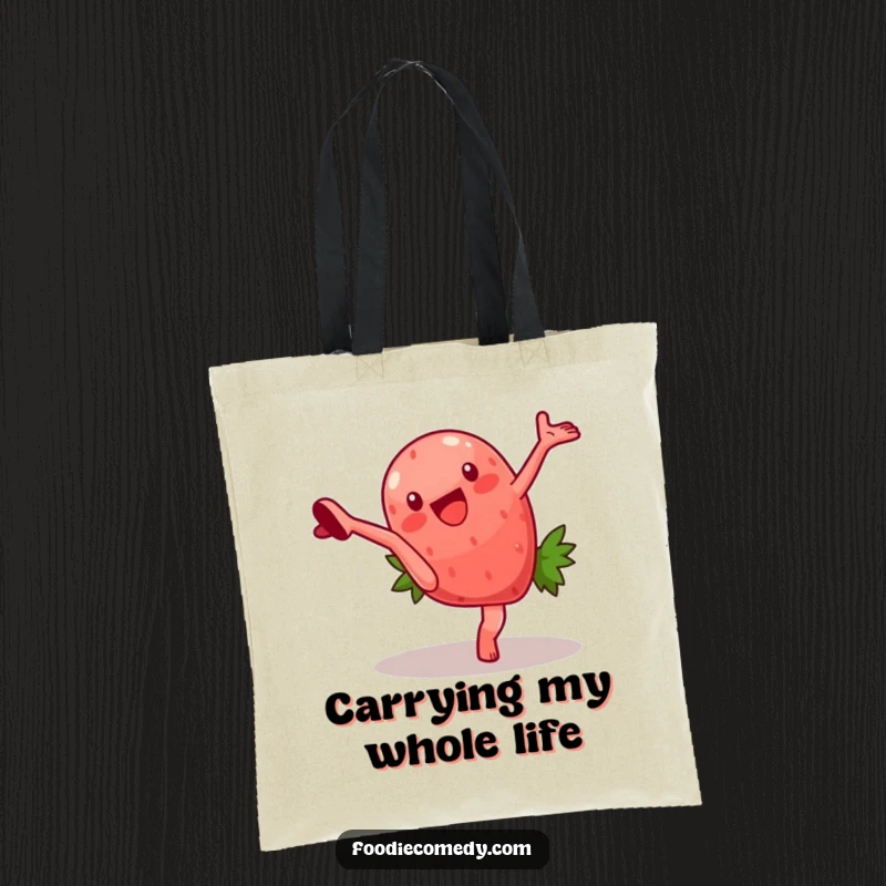 Funny tote bag depicting a strawberry character doing a lively cartwheel, offering ample space and a dose of daily humor. Great for shoppers who love quirky designs.