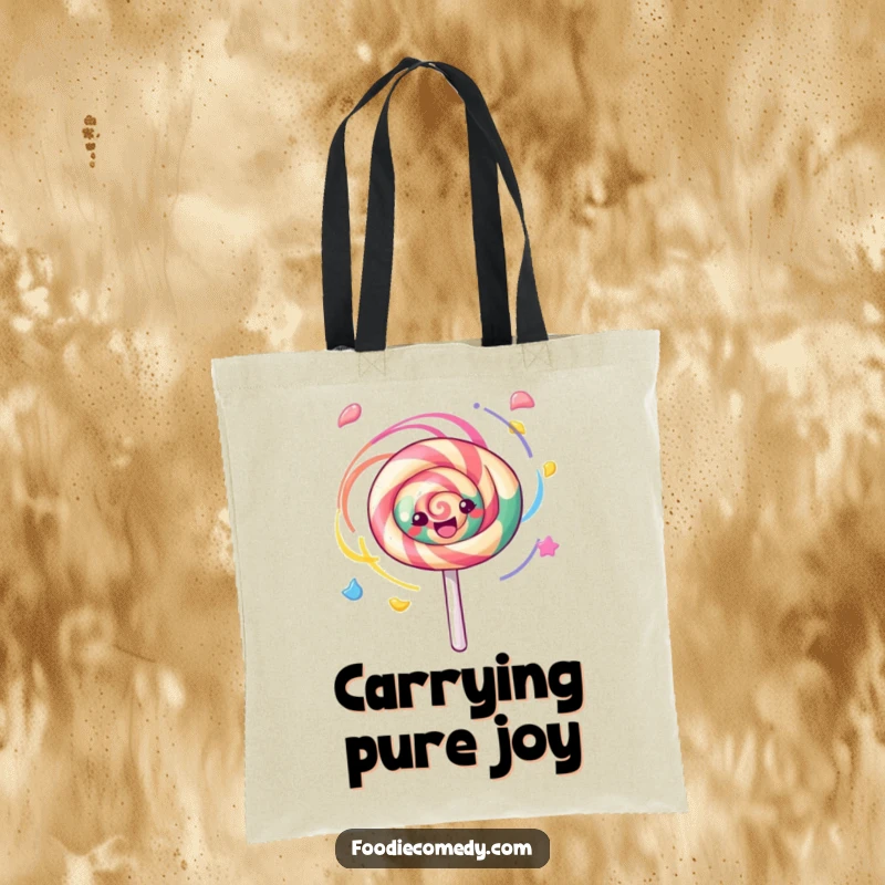 Funny kawaii lollipop spinning with colorful swirls on this durable tote bag, a charming and humorous accessory.