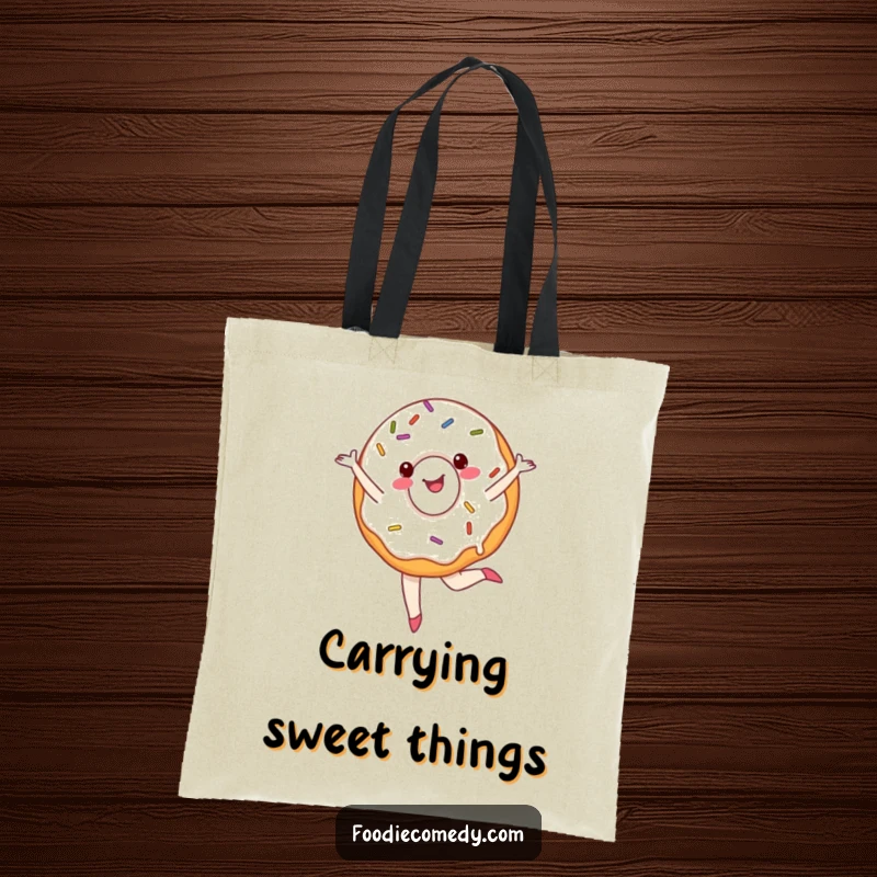 Funny donut tote bag with a cheerful, sprinkled donut performing a pirouette, perfect for carrying items with sweet humor.