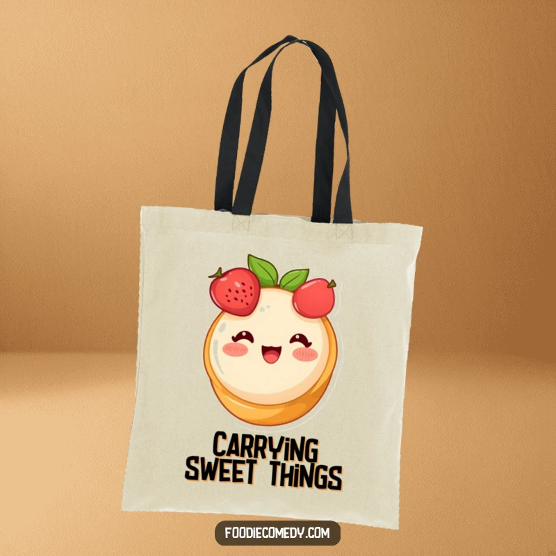 Funny fruit tart tote bag, a cute dessert character blushing adorably, with a joyful and sweet expression.