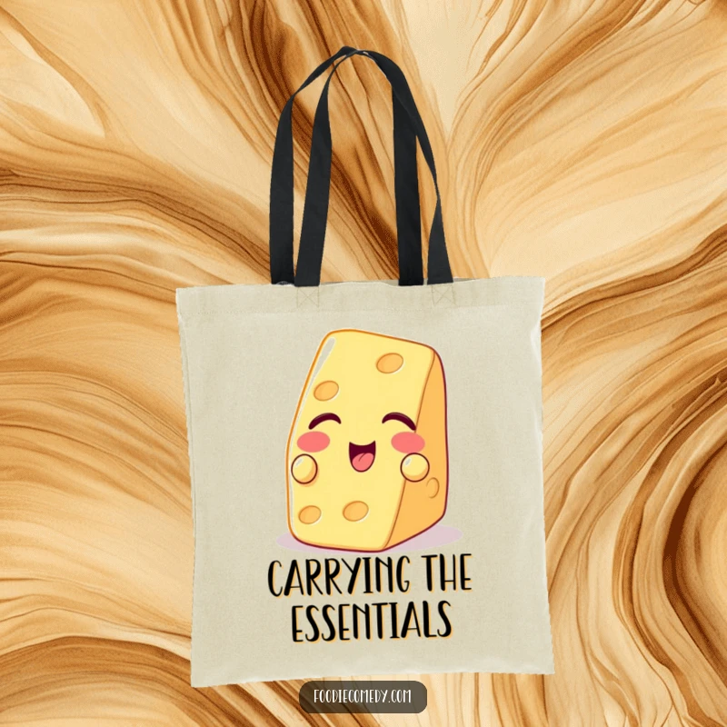 Funny tote bag showcasing a playful piece of cheese winking with a cracker, a charming accessory.