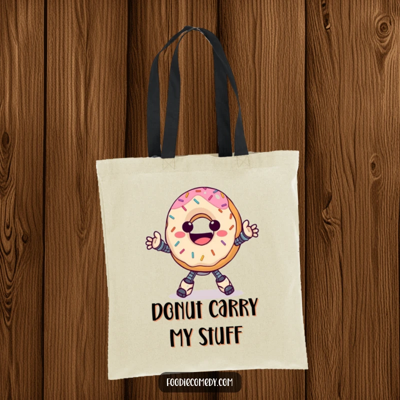 Funny donut tote bag, happy with sprinkles, doing a groovy robot dance, perfect for carrying essentials and smiles.