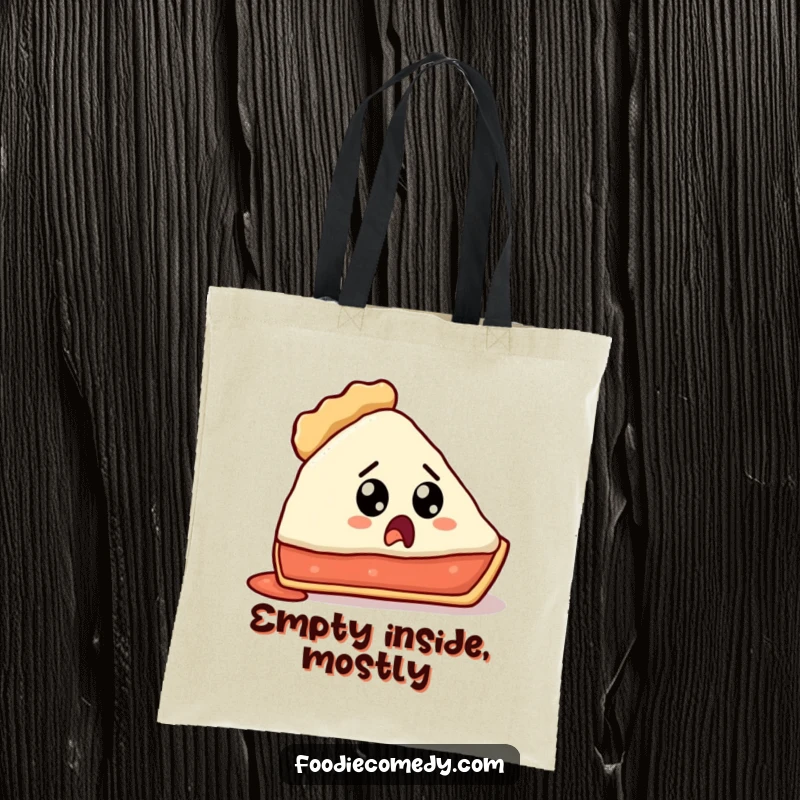 Funny tote bag depicting a pie slice with a surprised expression due to its missing crust.