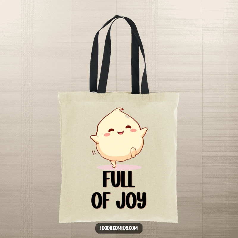 Funny dumpling tote bag, depicting a cute dumpling with cartoon legs performing a happy kick, great for shopping.