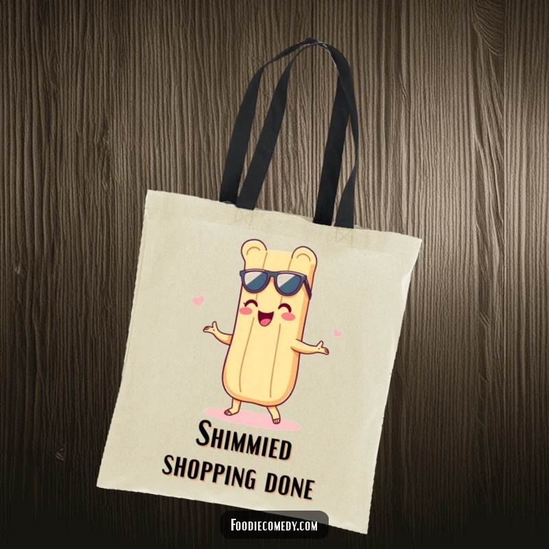 Funny tote bag with a delighted baguette grooving with a shimmy, perfect for carrying items with a touch of culinary humor.