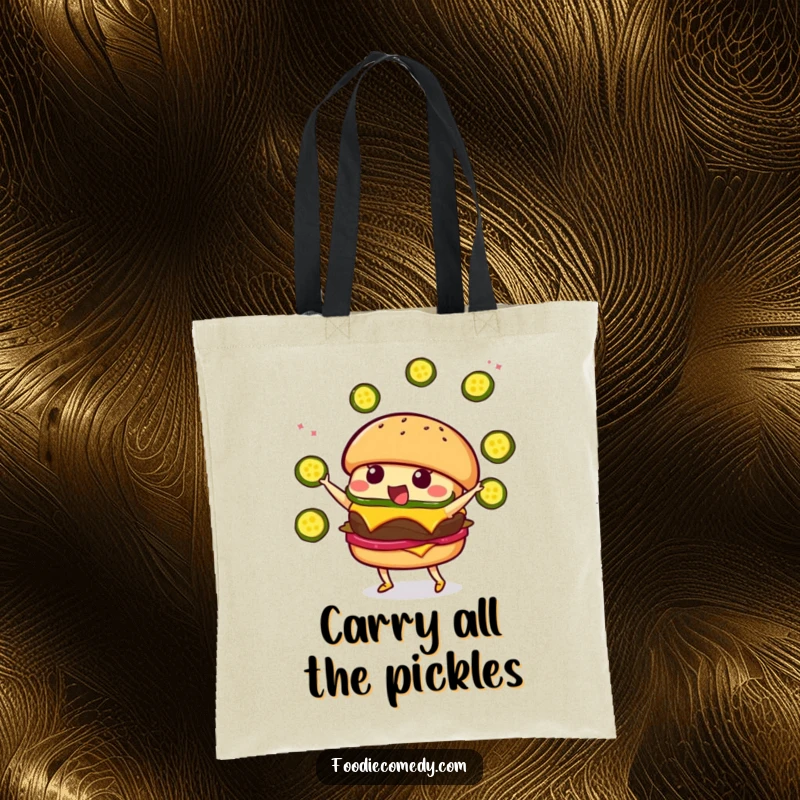 Funny Burger Juggling Tote Bag: A charming kawaii burger character gleefully juggling pickle slices, ready for errands.