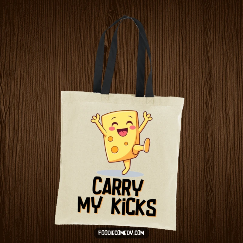 Funny smiling cheese wedge doing a celebratory high kick on a tote bag, a cheerful accessory.