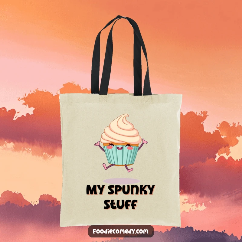 Funny Cupcake Tote Bag with legs doing a joyful cartwheel, perfect for carrying treats and spreading happiness.