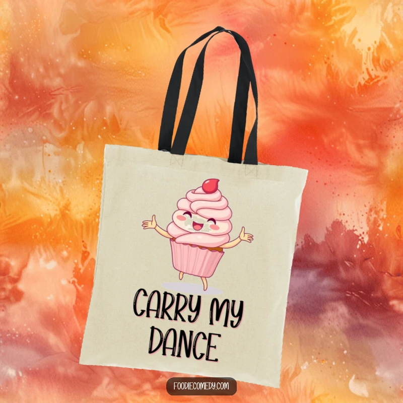 Funny tote bag depicting a delighted cupcake hilariously performing a whimsical folk dance, ready for errands.