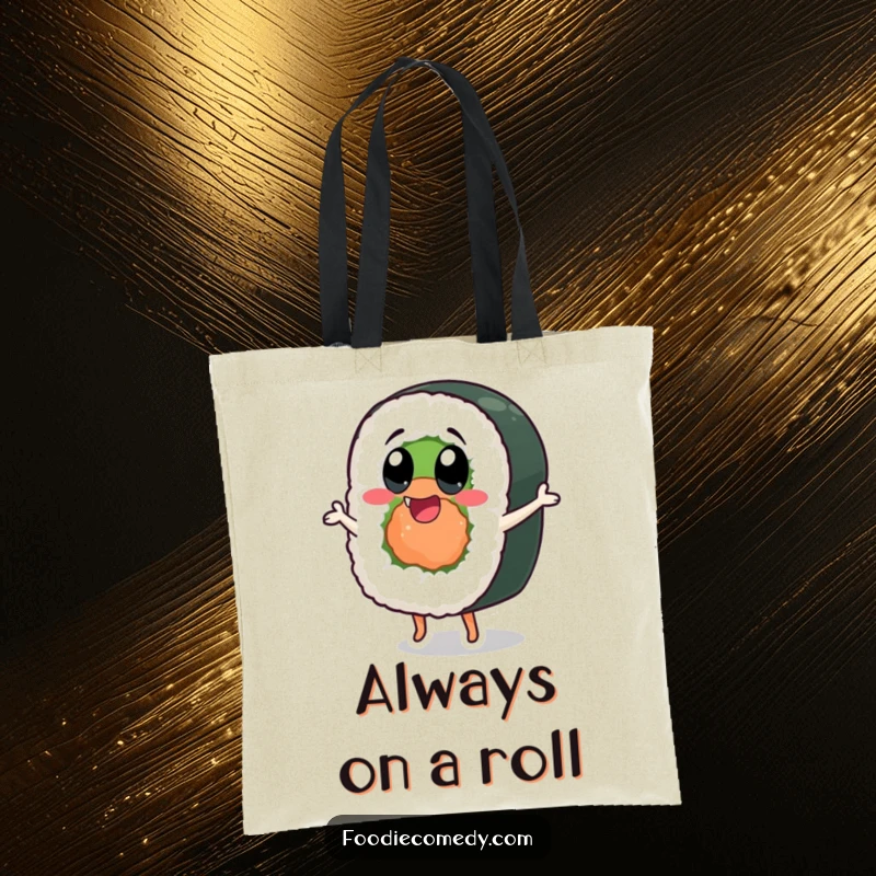 Funny sushi roll tote bag with exaggeratedly happy eyes, designed for carrying essentials with dancing joy.