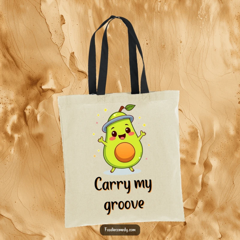 Funny delighted avocado doing a disco spin on a tote bag, a groovy and cheerful accessory.