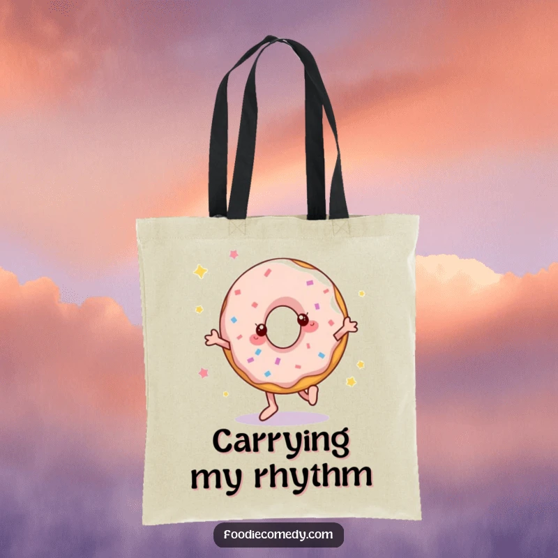 Funny tote bag showcasing a delightful donut busting a move with disco steps, adding a playful touch to errands.
