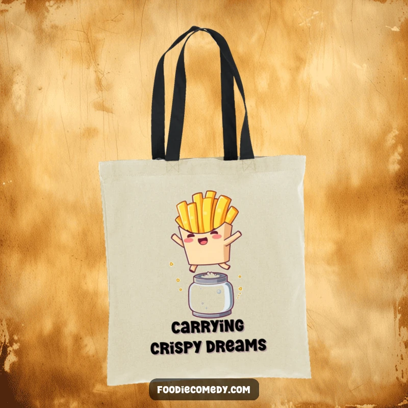 Funny French Fry Leap Tote Bag: A charming kawaii french fry character in mid-leap over a salt shaker, ready for adventures.