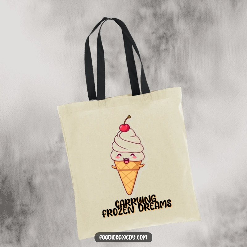 Funny giggling ice cream cone tote bag, a spinning dessert holding sweetness and style.
