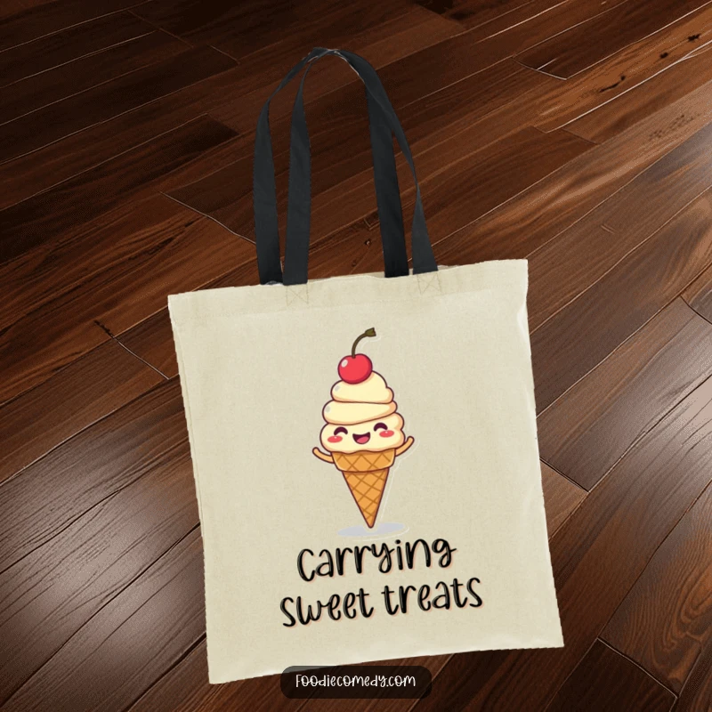Funny ice cream cone tote bag, featuring a giggling character with a cherry on top, captured in a delightful spin.