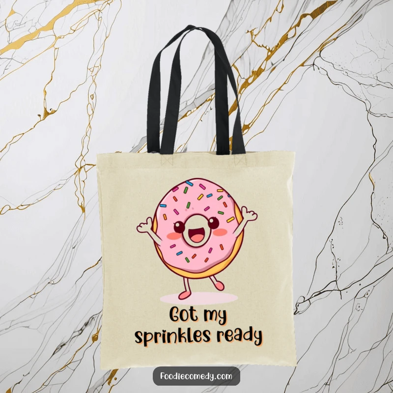Funny Donut Tote Bag: A happy donut character with sprinkles does a groovy dance, perfect for carrying fun.
