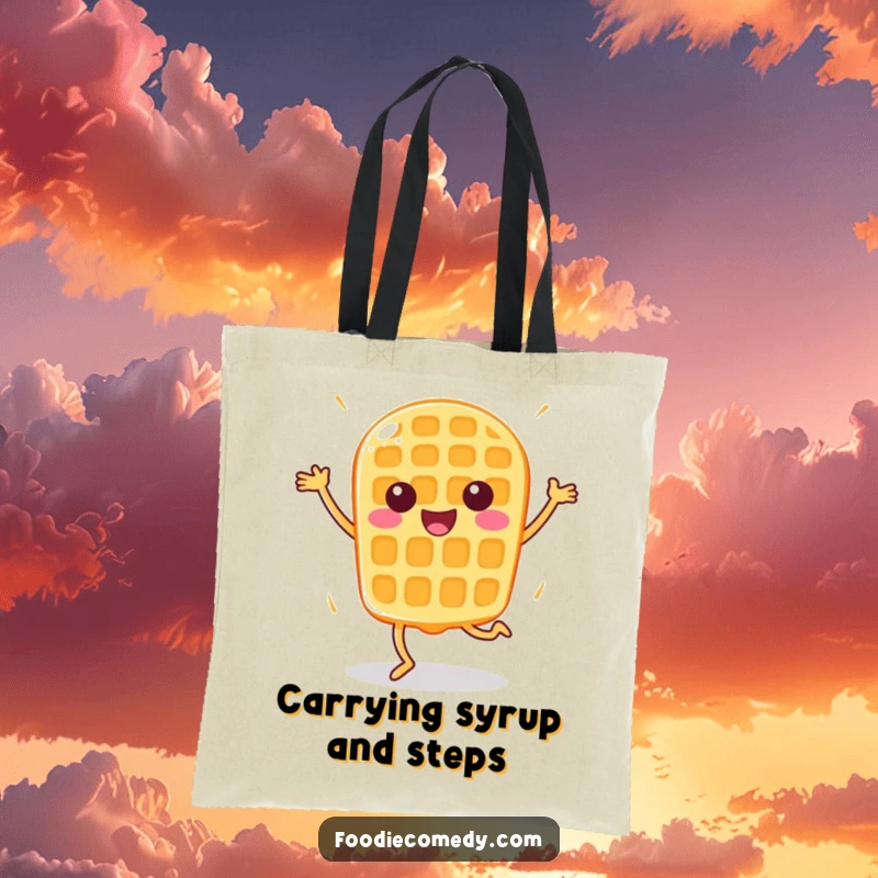 Funny Happy Waffle Tote Bag: A cheerful waffle doing aerobics, making this tote both practical and humorous.