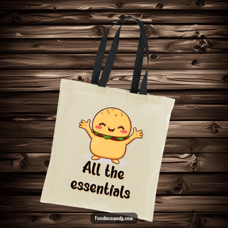 Funny burger tote bag, featuring a happy burger character with arms wide open, ready to embrace everything.