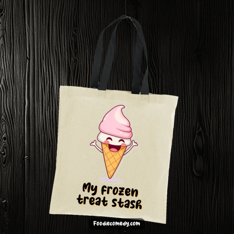 Funny ice cream cone tote bag with a laughing character doing a funky shimmy, perfect for carrying treats.
