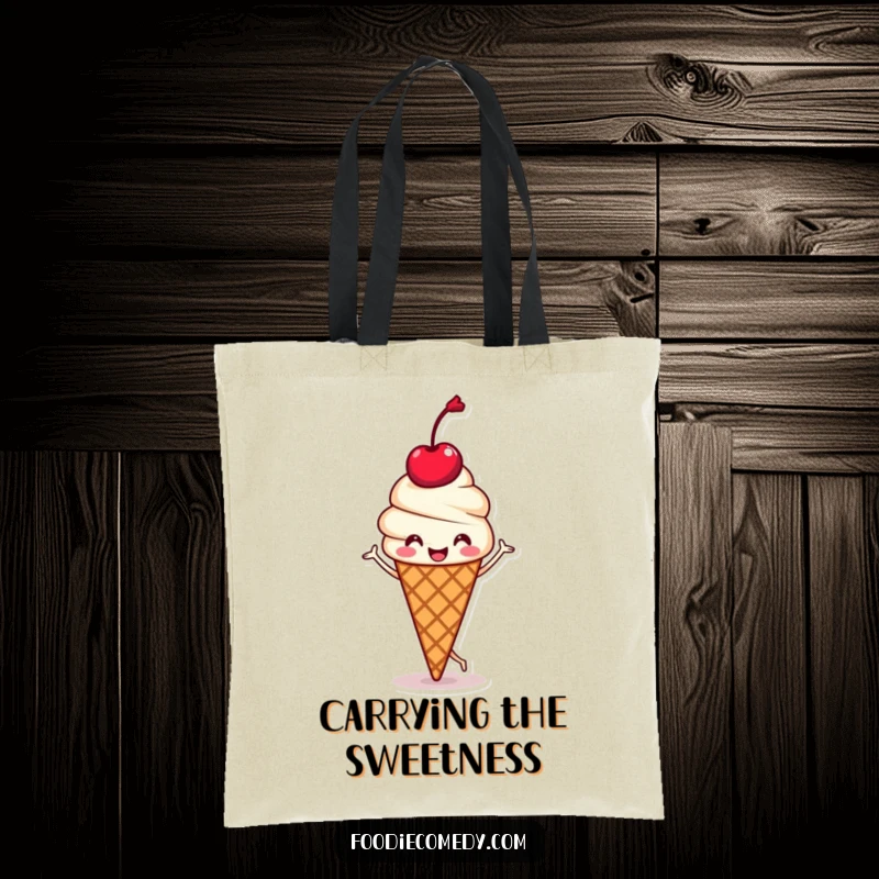 Funny tote bag featuring a kawaii ice cream cone with a cherry head doing a happy jig, perfect for carrying items with sweet humor.