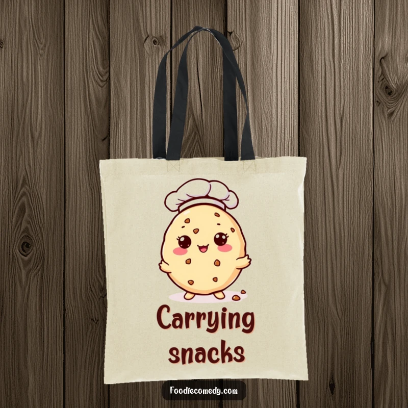 Funny Tote Bag: A kawaii cookie wearing a chef hat offers tiny crumbs with generosity. A humorous and practical accessory for bakers.