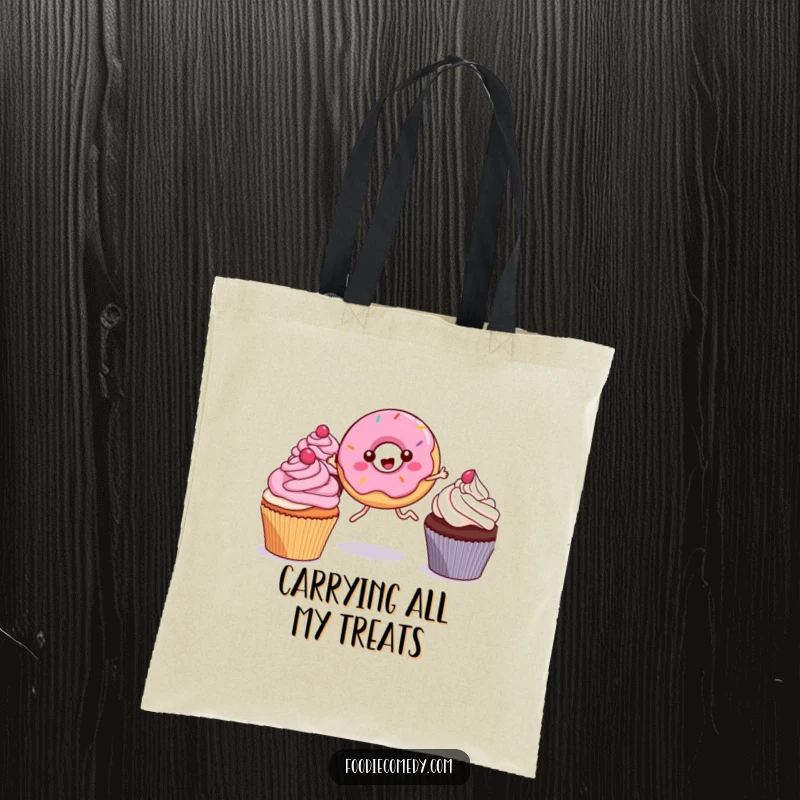 Funny Kawaii Donut Tote Bag: A durable bag adorned with a super cute, leggy donut happily jumping between cupcakes, ideal for a funny shopping trip.
