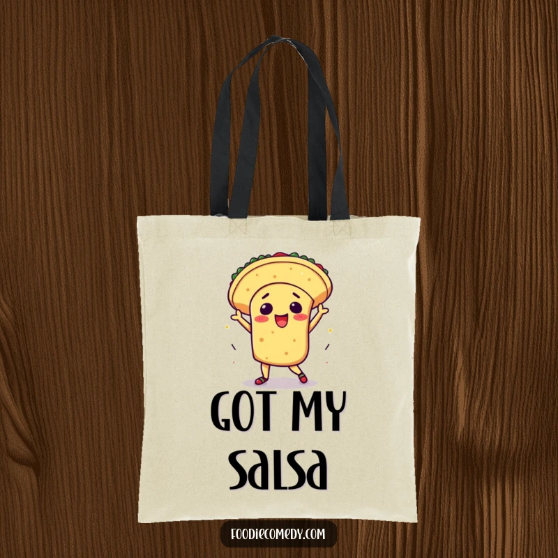 Funny kawaii taco tote bag, durable canvas with an excited taco doing a flamboyant salsa dance, humorous everyday accessory, cute food character, great funny gift.