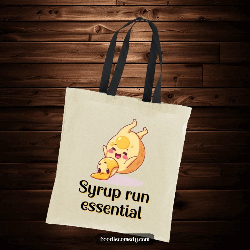 Funny pancake tote bag with a happy pancake doing a syrup somersault, ideal for carrying groceries with a smile.