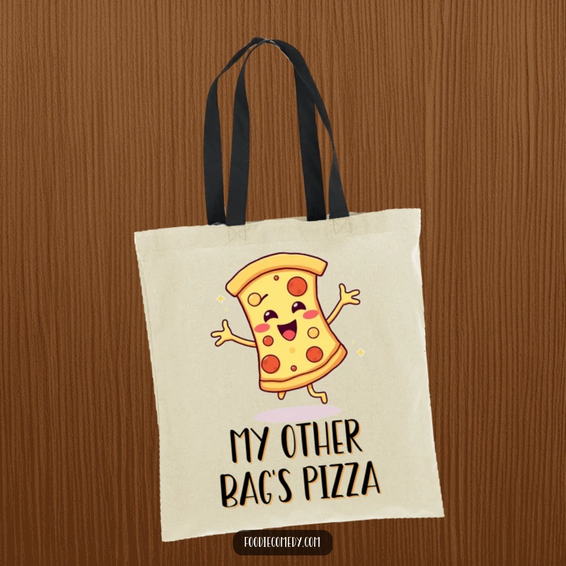 Funny tote bag showcasing a smiling pizza slice in a lively disco groove, ideal for stylish and humorous shopping.