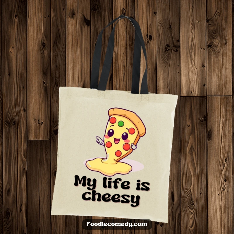 Funny tote bag displaying a kawaii pizza slice character enthusiastically pointing towards an enticing pool of melted cheese, great for groceries.