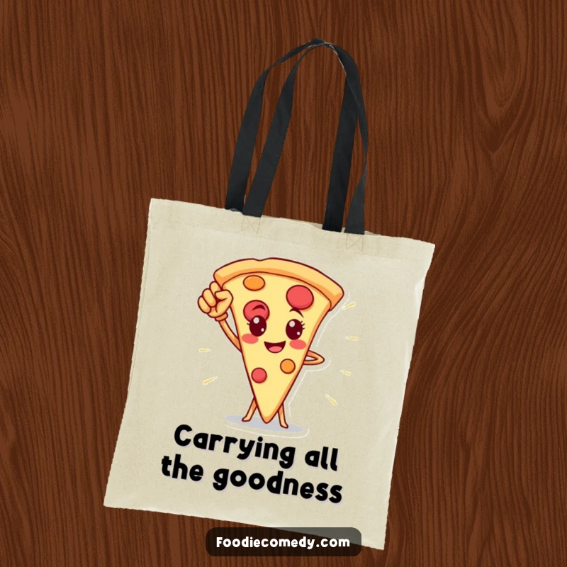 Funny pizza slice hero tote bag, a brave pizza character striking a heroic pose for your items.