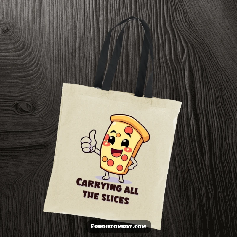 Funny pizza slice tote bag with a cheesy grin and thumbs-up, perfect for carrying groceries with a smile.
