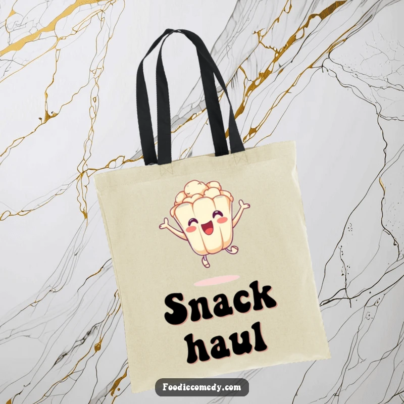 Funny tote bag with an excited popcorn kernel performing a playful leap, perfect for carrying items with energetic flair.