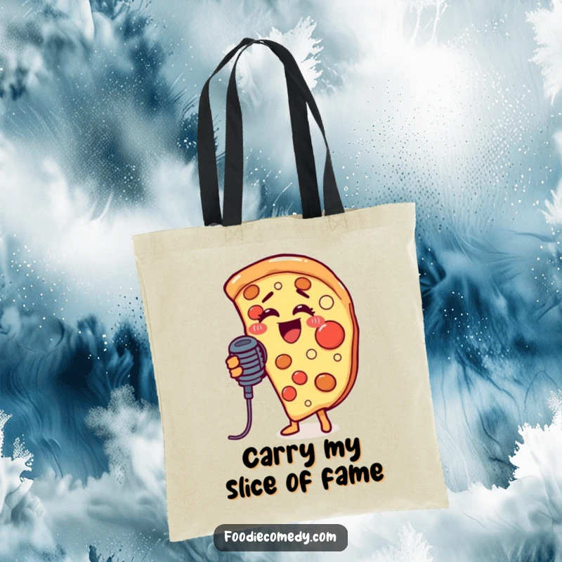 Funny tote bag featuring a pizza slice with a microphone, ready to carry your belongings while spreading musical cheer.