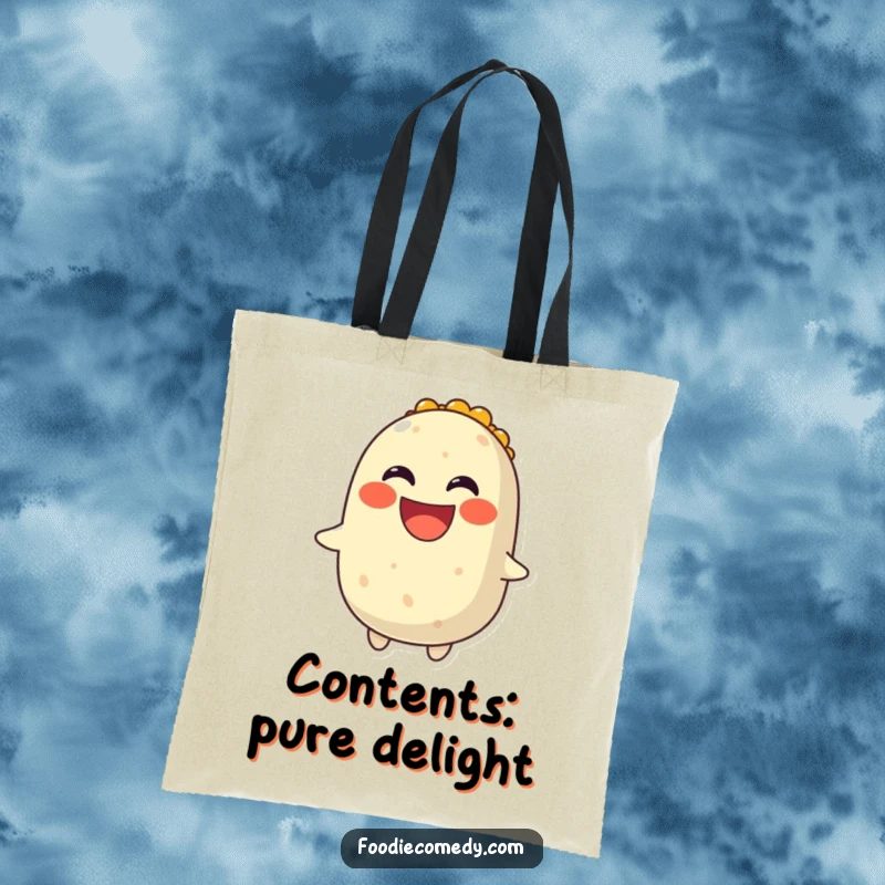 Funny tote bag showcasing a smiling burrito spinning with a joyful grin, ready for adventure.