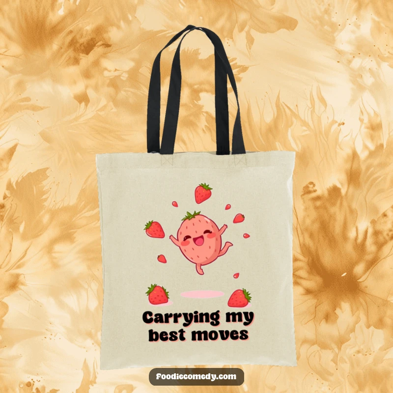 Funny Strawberry Tote Bag: A vibrant tote with a happy strawberry doing a cartwheel, symbolizing energy and fun, perfect for daily use.
