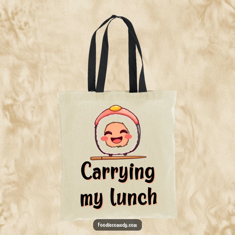 Funny Sushi Tote Bag: A tote bag with a grinning sushi slice balancing on a chopstick, symbolizing balance and foodie humor, perfect for shopping.