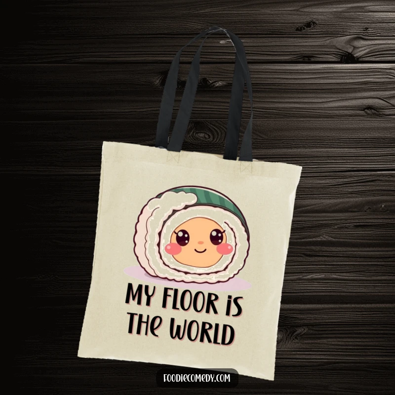 Funny sushi roll tote bag featuring a smiling, wide-eyed sushi character sliding effortlessly across a shiny floor.