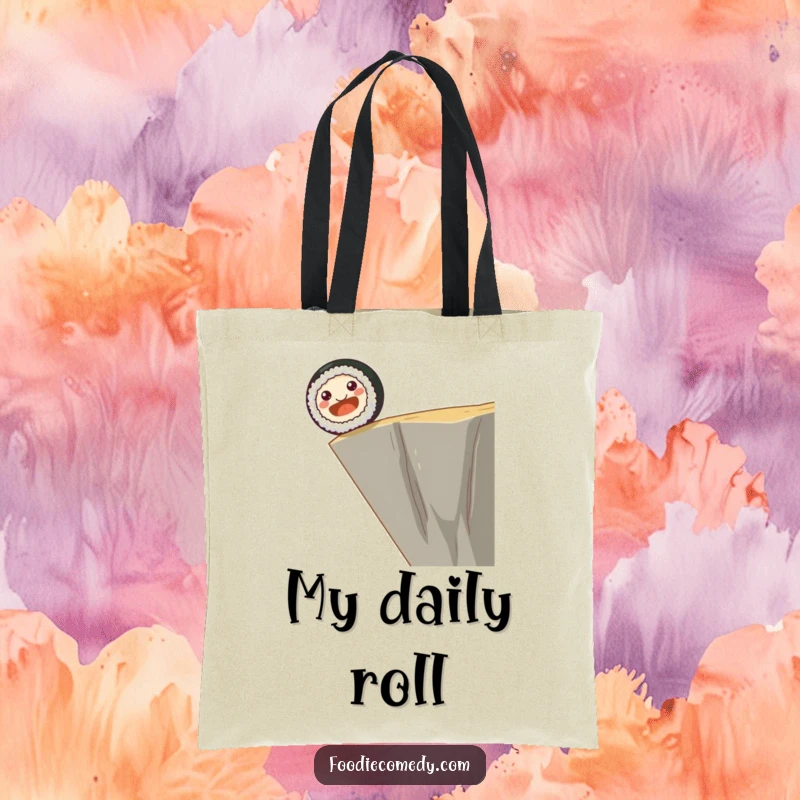 Funny tote bag showcasing a smiling sushi roll with dot eyes joyfully rolling off a cliff edge, ready for adventurous outings.