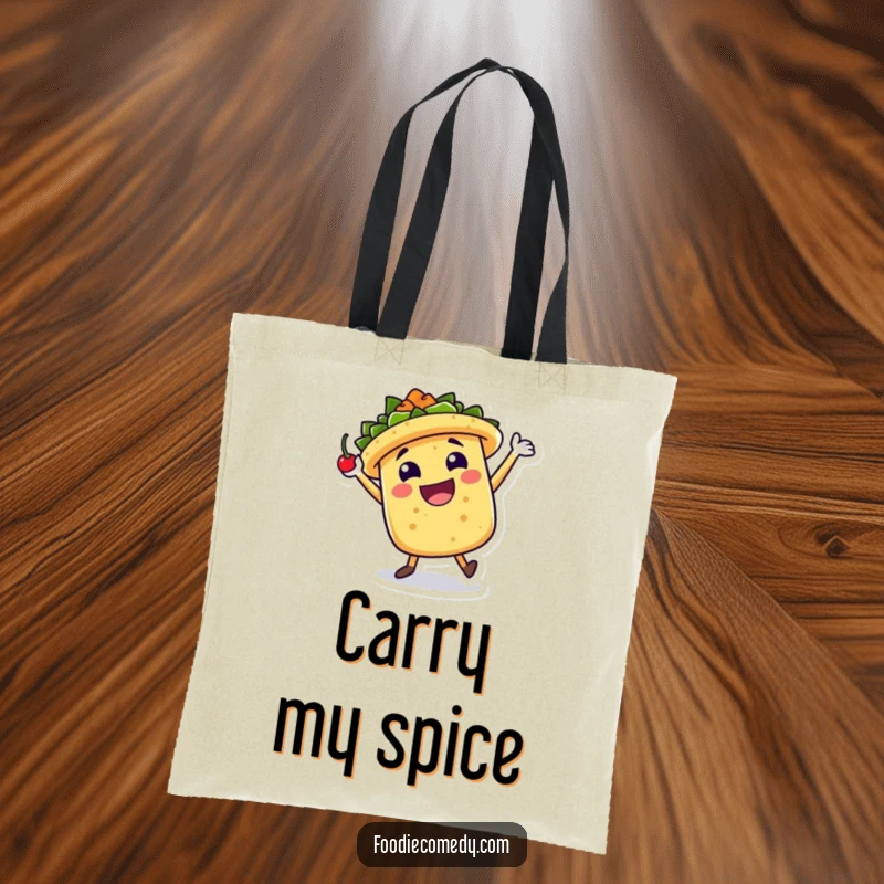 Funny Tote Bag: A taco character dances a spirited jig with a chili pepper, bringing fiesta vibes to everyday use.