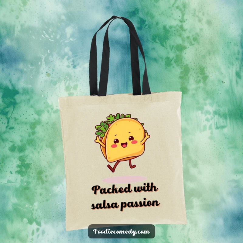 Funny Taco Tote Bag: A taco with legs dances the salsa, perfect for carrying groceries or party essentials.