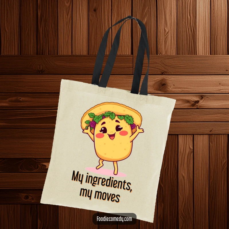 Funny taco tote bag, enthusiastically doing a salsa dance with a cheerful wink, perfect for carrying party essentials.