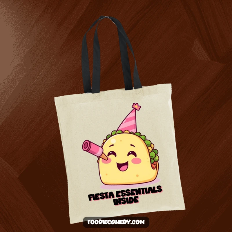 Funny Taco Tote Bag: A smiling taco wearing a party hat and blowing a horn, ready for any festive occasion.