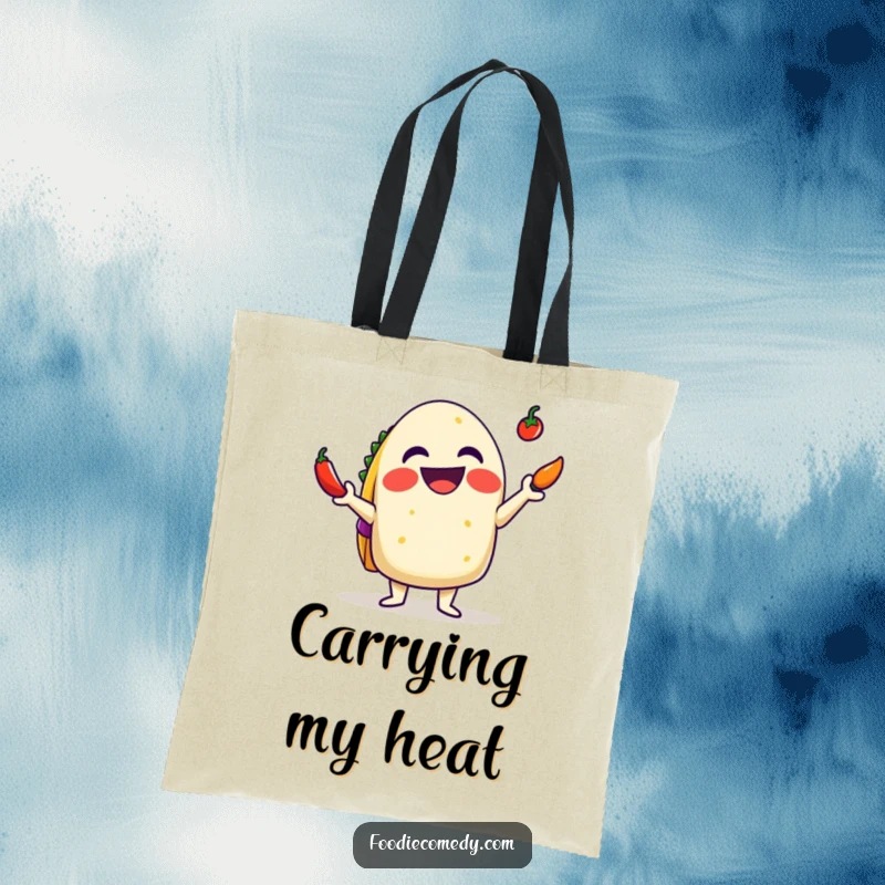 Funny Taco Tote Bag: A delighted taco with a big grin juggling tiny chilis, perfect for carrying spicy treasures.