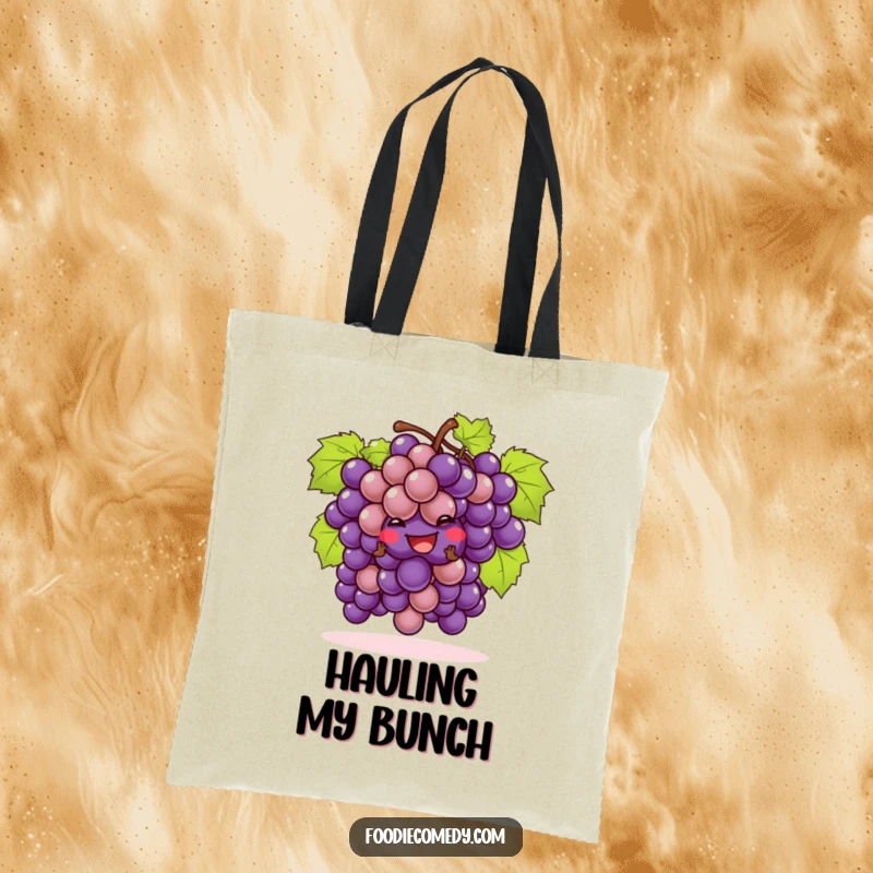 Funny bunch of grapes tote bag performing a playful cha-cha, perfect for carrying daily items with a fruity flourish.