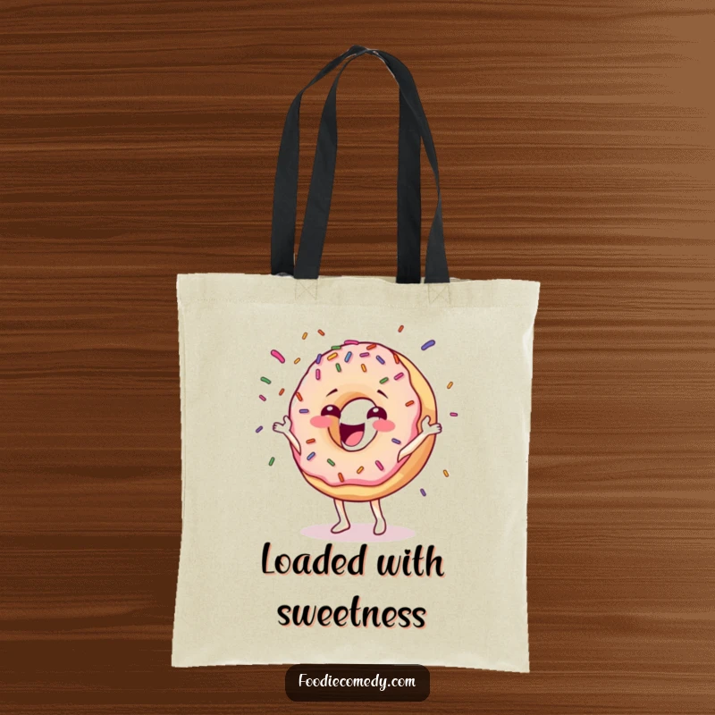 Funny donut tote bag depicting a happy character gleefully juggling colorful sprinkles, ideal for carrying groceries and sweet treats.