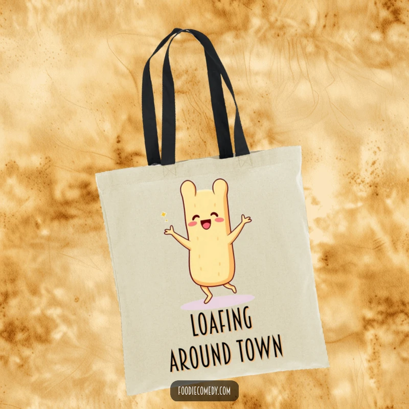 Funny baguette tote bag, a beaming loaf doing the energetic Charleston, ideal for carrying groceries with a side of fun.