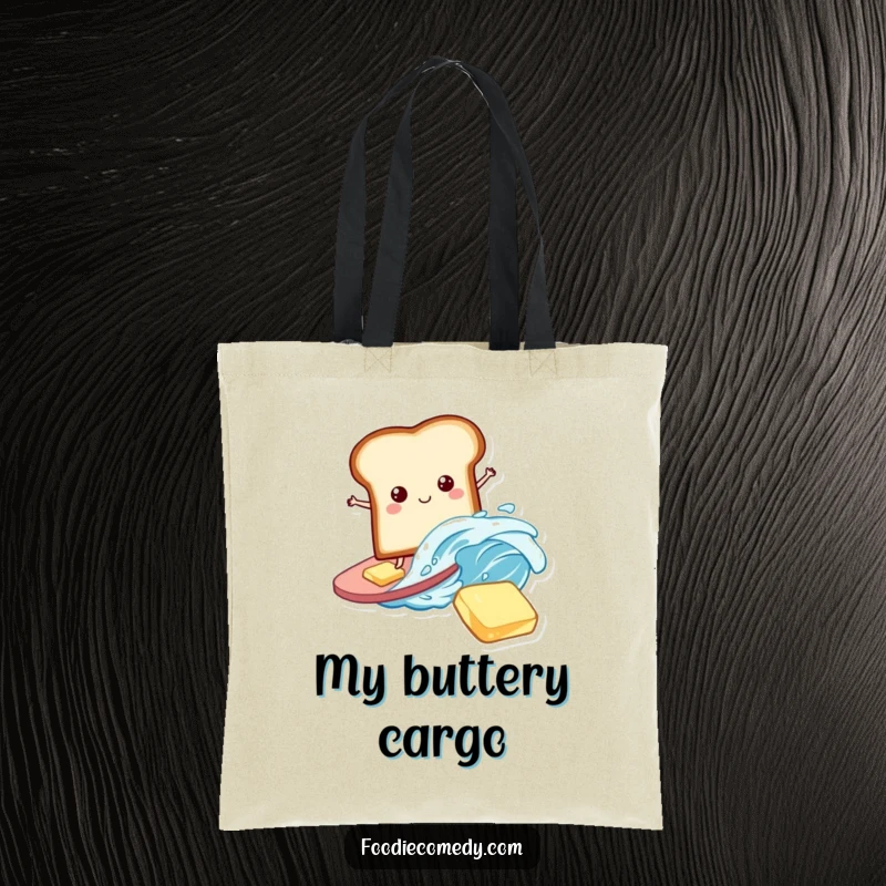 Funny Bread Tote Bag: A playful bread slice surfing on a wave of butter, highlighting humorous breakfast fun.