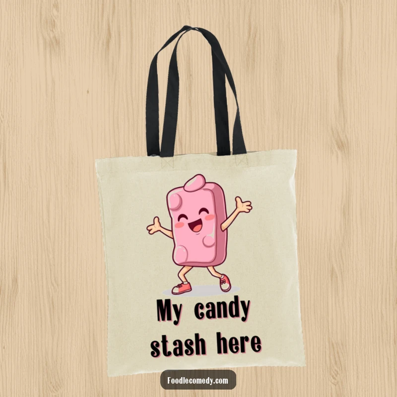 Funny tote bag showcasing a piece of candy performing a dynamic breakdance move, ready to carry your items with sweet flair.