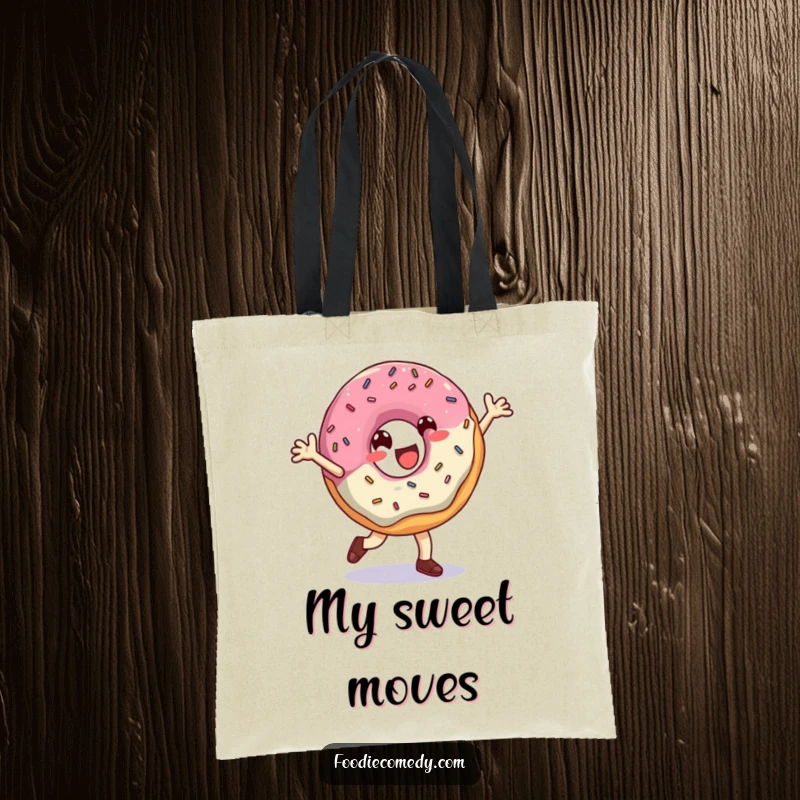 Funny Donut Tote Bag: A tote bag with a cheerful donut breakdancing, symbolizing joy and a love for sweets, perfect for shopping.
